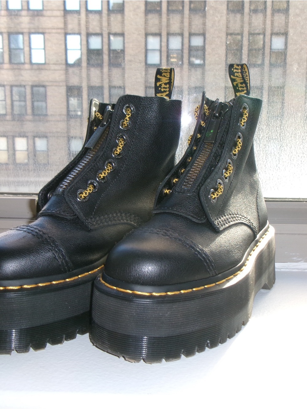 Dr. Martens Sinclair Black Leather Platform Ankle Boots with Yellow Stitching - Picture 8 of 10